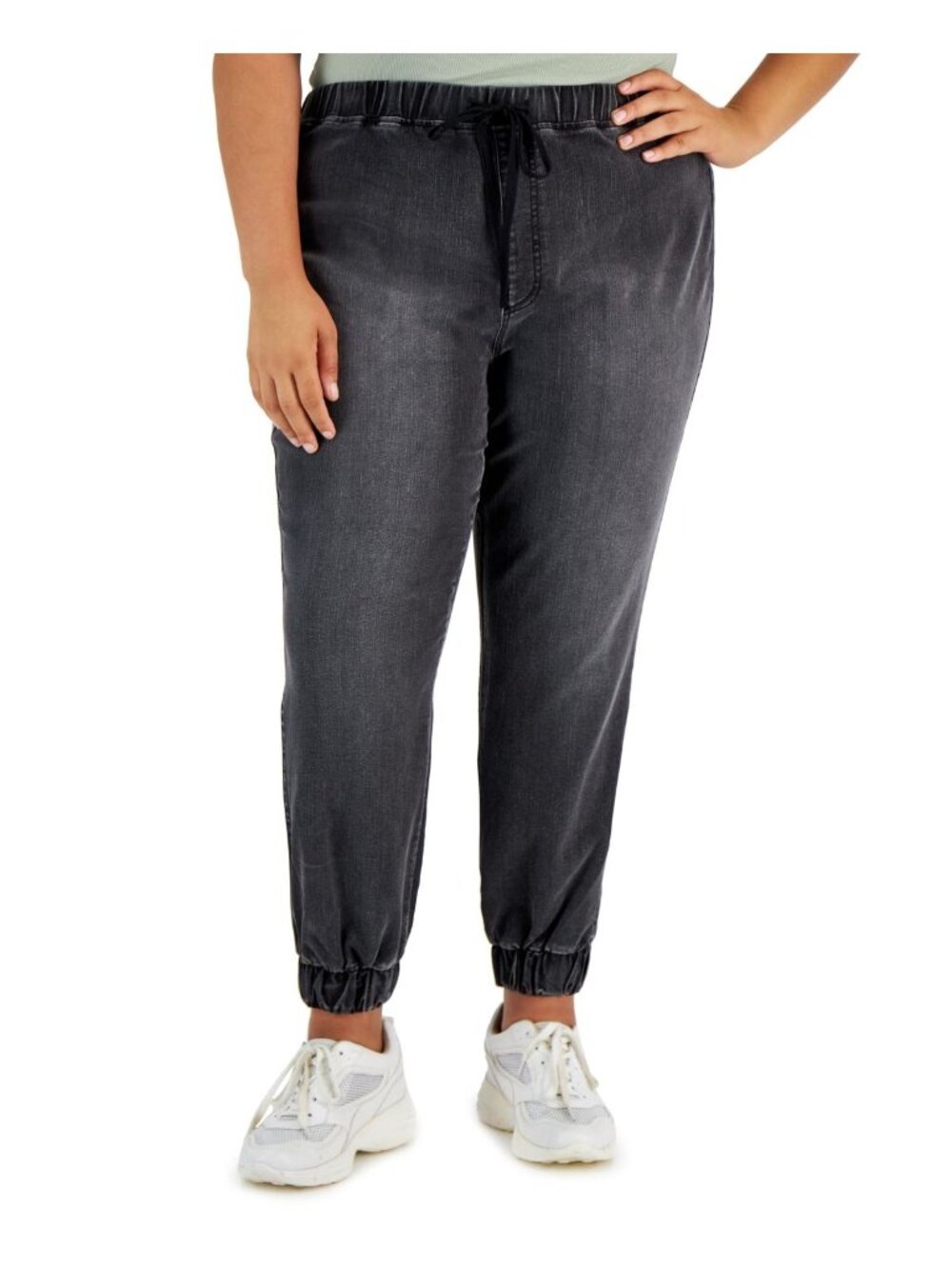 Tinseltown Womens Trendy Plus Size Drawstring Denim Jogger Black Size 2X NWT